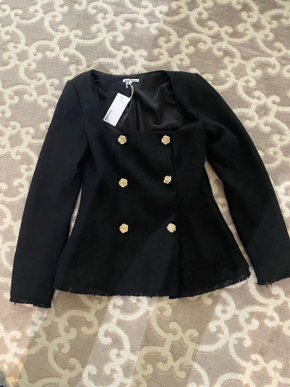 Reformation Black Double-Breasted Bouclé Blazer with Gold Flower Buttons